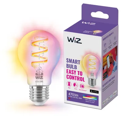 Produktbild von WiZ Filament-Lampe, transparent, 40 W A60 E27, Intelligentes Leuchtmittel, Wi-Fi/Bluetooth, Transparent, Wi-Fi 4 (802.11n), 802.11b, 802.11g, LED, E27