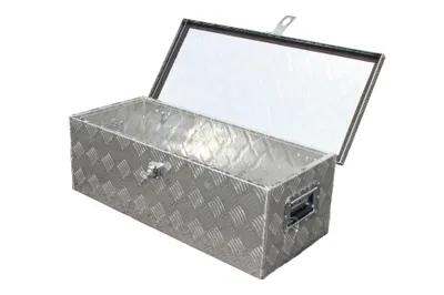 An open aluminum toolbox with a diamond plate pattern.