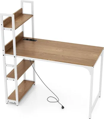 Produktbild von Computertisch, Bürotisch mit integrierter Ladestation und 3-stufigen Regalen, Arbeitsplatz für Büro und Zuhause, 120 x 65 x 130 cm, Natur