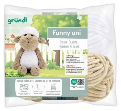 Produktbild von Gründl Funny uni Häkelset,Häkeltier,2 x100g Funny uni Chenillegarn, 1 Häkelnadel +Anleitung Deutsch Schaf Flocke