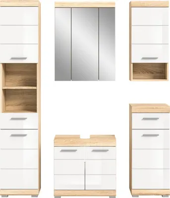 Produktbild von Badezimmer-Set LEWOTO – 1 Hochschrank, 1 Waschbeckenunterschrank, 1 Spiegelschrank und 2 Halbschränke – Weiß und Eiche
