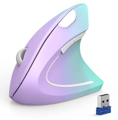 Immagine prodotto di Mouse ergonomica, wireless, Bluetooth, verticale, con connessione BT 5.0 e BT 3.0, 6 livelli di regolazione fino a 4800 DPI, sensore ottico, funzionamento silenzioso, ideale per laptop, PC, Mac e tablet, colore viola