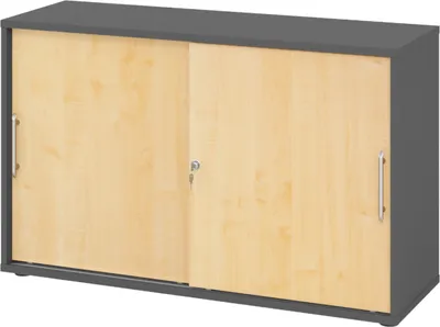 Produktbild von bümö Schiebetürenschrank office - 2 Ordnerhöhen - Griff: Relinggriff (Kunststoff), Nachbildung: Graphit/Ahorn