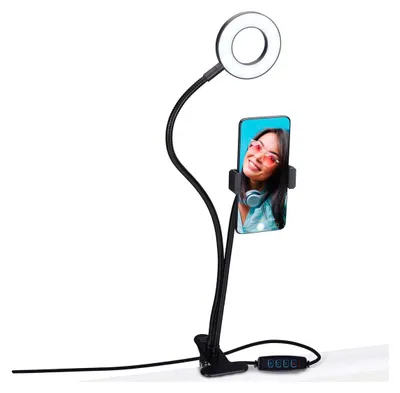 Image de Grundig Ring Light avec support pour téléphone portable - Selfie Light avec pinces de table - Ø9cm Ring Light avec 24 LEDs - 3 modes d'éclairage et 9 niveaux de luminosité - Alimentation USB - Bras flexibles