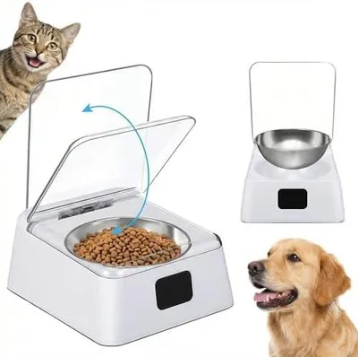 Produktbild von Automatischer Futterautomat Katze & Hund für Nass- & Trockenfutter, Sensor Futterspender öffnet Automatisch, Luftdicht gegen Gerüche & Insekten, Edelstahlnapf, Batteriebetrieben