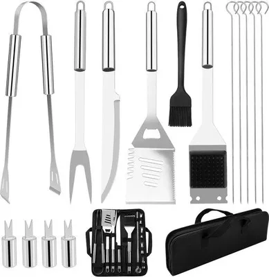 Immagine prodotto di Set di 15 accessori per barbecue in acciaio inossidabile Unyqoos®, completo di custodia: pinza, spatola, forchetta per barbecue, spazzola in silicone, coltello, spiedini, spazzola per la pulizia