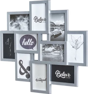 A multi-photo frame collage with various black and white images and text.