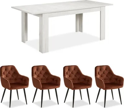 Image de Ensemble de table et de 4 chaises "Homestyle4u", idéal pour la salle à manger. Table extensible, couleur blanc clair, dimensions 160 x 90 cm. Revêtement en velours. Ensemble de salle à manger