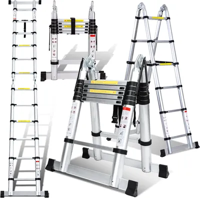 Produktbild von Hebitod Teleskopleiter Silber Aluminium Klappbar Multifunktionsleiter Anlegeleiter 1.9M+1.9M Mehrzweckleiter Fingerklemmschutz Auszeihleiter Klappbar Aluminiumleiter Antirutsch bis 150 KG