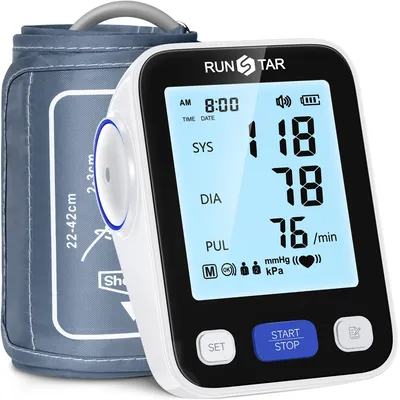 Productafbeelding van RunStar bloeddrukmeter, geschikt voor gebruik aan de bovenarm, met een brede manchet van 22 tot 42 cm