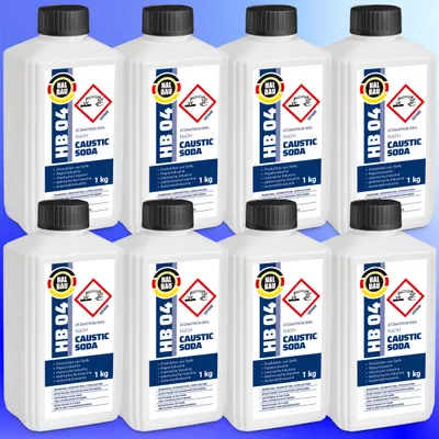 Produktbild von 8x1kg HB04 Natriumhydroxid Ätznatron kaustisches Soda NaOH Reiniger D+D-V Flasche sichere Verpackung