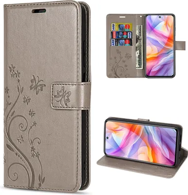 A collage of images showing a flip phone case for a ZTE Blade V70 Vita in gray, with floral and butterfly embossing. One image shows the case open with cards and cash inserted, another shows the phone inside the case in a landscape orientation.