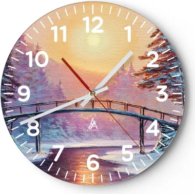 Produktbild von Wanduhr - Rund - Glasuhr - Park Winter Brücke - 40x40cm - Schleichendes Uhrwerk - Lautlos - zum Aufhängen bereit - Dekoration Modern - Wanddekoration aus Glas - C4AR40x40-3988