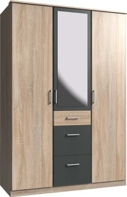 Produktbild von Kleiderschrank "Click" aus Spanplatte in Eiche-Sägerau-Nachbildung mit 3 Schubladen und 3 Türen. Abmessungen (B/H/T) 135x198x58 cm