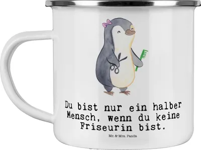 Produktbild von Mr. & Mrs. Panda Pott Friseurin Herz - Weiß - Geschenk, Witzig, Beruf, Lustig, Friseursalon, Haferl, Emaille Tasse, Teetasse, Spruch, Becher