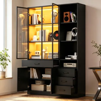 Produktbild von Hochschrank mit Glasvitrine & LED 120x35x200cm Bücherschrank mit 13 Stauraumbereichen 4 Schubladen & Türen Vitrinen Aufbewahrungsschränke