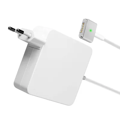 A white Macbook Magsafe 2 charger with a green LED indicator light.
