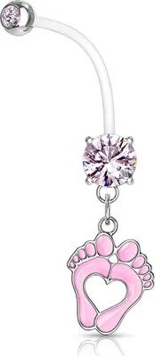 Produktbild von Schwangerschaftspiercing Bio Flex flexibler Kunststoff kürzbar Baby Füße Füßchen Herz Zirkonia Kristall Bauchnabel-Piercing Autiga® rosa