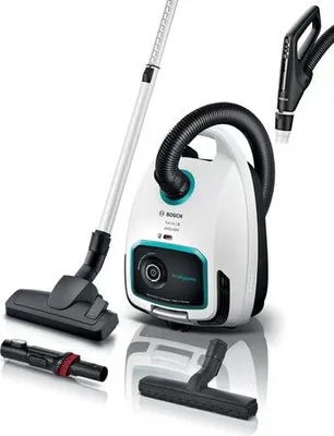 A white Bosch vacuum cleaner with accessories on a white background.