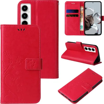 Produktbild von Handyhülle für Samsung Galaxy A35 5G Floral Blumen Schmetterling Flip Cover Hülle Case Klapphülle Handytasche Farbe: Rot
