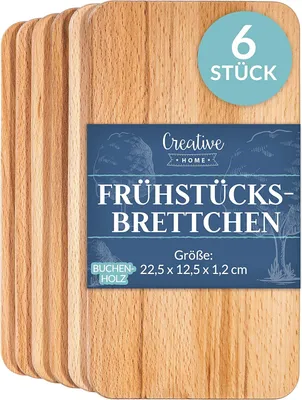 Obrázok produktu pre Creative Home Sada 6 Drevených Dosiek na Raňajky | 22,5 x 12,5 x 1,2 cm | Drevená Obojstranná Doska na Krájanie | Drevená Kuchynská Doska na Chlieb Mäso Zeleninu Syr a šunku