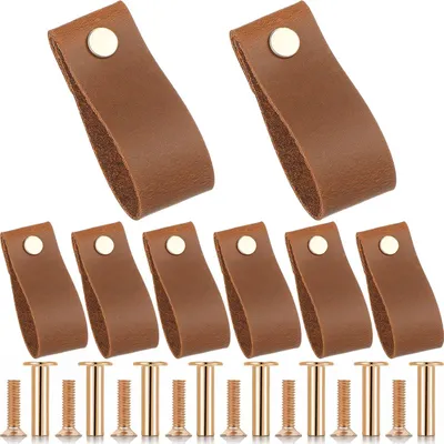 Produktbild von 8 Stücke Handgemacht Leder Schublade Ziehen Schubladen Knopf Ziehen Schrankgriff Ziehen Knopf Kleiderschrank Kommode Schubladengriff mit Goldenen Schrauben