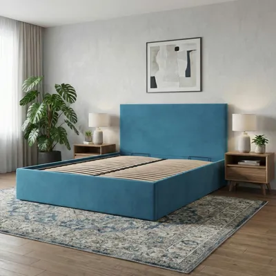 Produktbild von Polsterbett PAOLA 140x200 – Modernes Doppelbett mit Kopfteil und Holzlattenrost, ohne Bettkasten Blau Samt