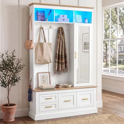 Produktbild von STILVORA Kompaktgarderobe mit Spiegel und Sitzbank, Flurgarderobe mit Schuhschrank und Kleiderhaken, Flurmöbel Set mit Kommode und Spiegeltür