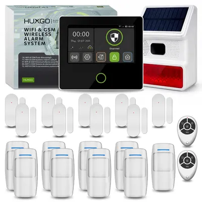Produktbild von HUXGO Funk Alarmanlage Set HXA502 B mit Solar Sirene 9x Bewegungsmelder 9x Türsensor, WLAN + GSM 4G