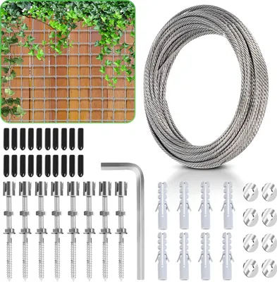 Immagine prodotto di Supporto per arrampicata fune metallica in acciaio inox Sistema di fune per arrampicata naturale per piante rampicanti 12m sistema di fune in acciaio inox 3mm set con viti Traliccio per piante