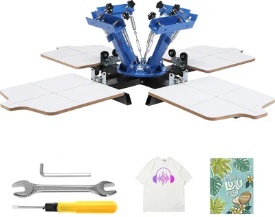 Zdjęcie produktu dla SucceBuy 4-kolorowa maszyna do sitodruku z 4 stacjami, obrotowa prasa do sitodruku 360°, obszar drukowania 54 x 45 cm, dwuwarstwowa paleta pozycjonująca do drukowania koszulek DIY