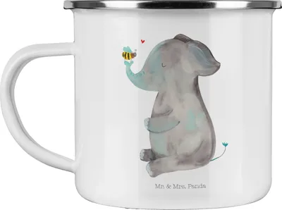 Produktbild von Mr. & Mrs. Panda Teetasse Elefant Biene - Weiß - Geschenk, Hochzeitsgeschenk, Pott, Liebesspruch, Emaille Tasse, Lustige Sprüche, Heiratsantrag, Liebe, Reisebecher
