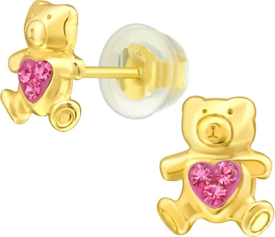 Produktbild von Kinder Ohrringe Ohrstecker 925 Sterling Silber vergoldet Teddybär mit Kristallen in verschiedenen Farben Farbe - Pink