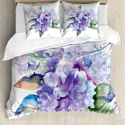 Obrázek produktu pro ABAKUHAUS Akvarelová sada povlečení, jemné hortenzie v květu, botanický motiv inspirovaný svatbou, 155 x 220 cm + 80 x 80 cm, fialově modrá