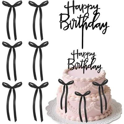 Tortenaufsatz Happy Birthday + 20 Topper mit Schleife, schwarz