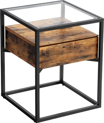 Produktbild von BEGRYF Beistelltisch 43x43x54 cm dunkelbraun mit Glasplatte und Schublade Couchtisch Nachttisch Industrial Stil