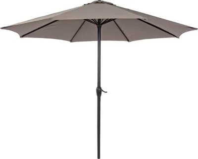 A taupe patio umbrella with a black pole and crank mechanism, isolated on a white background.