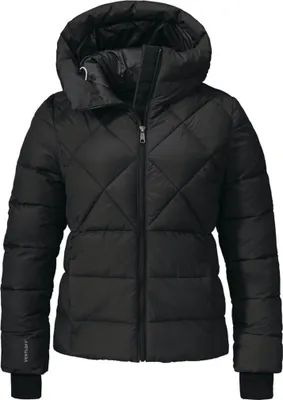 A black insulated jacket with a hood is shown against a white background.