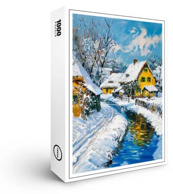 Produktbild von raxxa Premium-Puzzle "Snowy Village with Stream and Trees Fantasy Painting", 1000 Teile