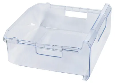 A clear plastic drawer for a freezer.