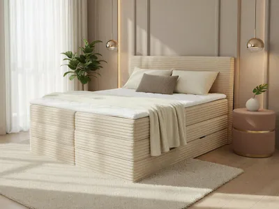 Produktbild von Boxspringbett Mollo XL mit 2 Bettkästen und Topper, mit Taschenfederkern- und Bonellfederkernmatratze, Doppelbett, Polsterbett aus Cordstoff mit Stauraum (Beige (Tilia 03), 140 x 200 cm)