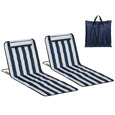 Produktbild von 2er Set klappbare Garten- und Strandliegen, leicht, verstellbare Rückenlehne, Metallrahmen, PE-Stoff, Kopfkissen, mit Tragetasche – Blau