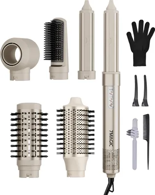 Produktbild von 7MAGIC 6 in 1 Warmluftbürste Set, Haarstyler mit 6 Aufsätze, Airflow Lockenstab Automatisch, Föhn und Negativ Lonen Warmluftbürste, Stylingbürsten für Trocknen Glätten Locken, alle Haartypen, Gold