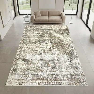 Productafbeelding van Beige vloerkleed met vintage motief, geschikt voor diverse woonruimtes. Afmetingen: 80 x 300 cm