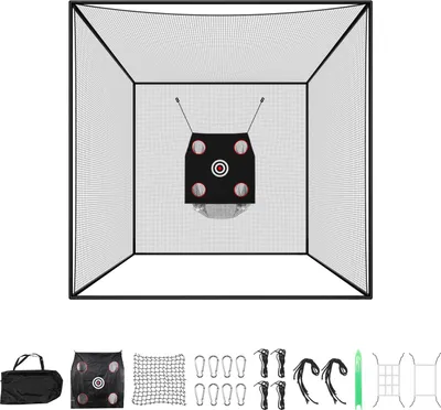 Produktbild von SucceBuy Golf-Schlagkäfig 305x305x305 cm, Abschlagkäfig mit robustem 3-lagigem Polyestergewebe, Trainingsnetz mit Golf- und Baseballziel für den Innen- und Außenbereich