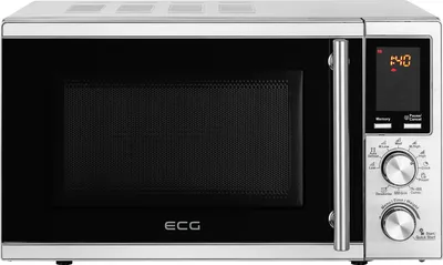 A front view of a silver and black ECG microwave oven on a white background.