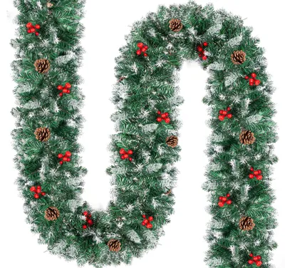 Produktbild von Weihnachtsgirlande 2,7 m, künstliche Tannengirlande mit 10 Tannenzapfen & 10 roten Beeren & Beschneit, formbare Weihnachtsdeko Grün Weiß