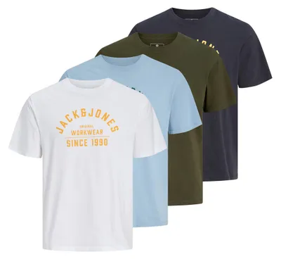 Produktbild von JACK&JONES Herren T-Shirts, 4er Pack - JPRBLUTHOR TEE, Rundhals, Logo, Baumwolle Weiß/Blau/Grün L