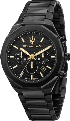 A close-up studio shot of a black Maserati chronograph watch with gold accents.