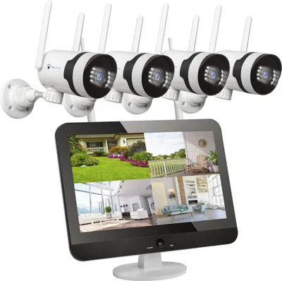 A security camera system with multiple cameras and a monitor displaying live feeds.